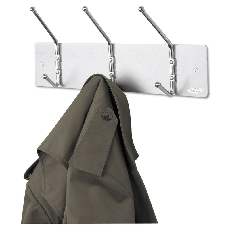 METAL WALL RACK, THREE BALL-TIPPED DOUBLE-HOOKS, 18W X 3.75D X 7H, SATIN METAL