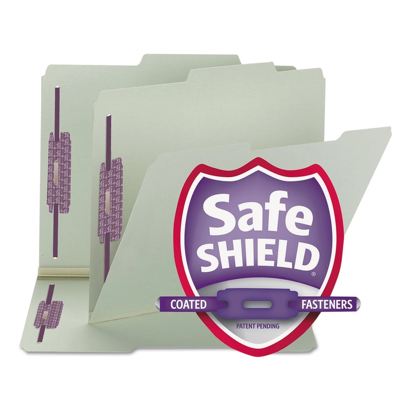 RECYCLED PRESSBOARD FOLDERS W/TWO SAFESHIELD FASTENERS, 2/5-CUT TAB, RIGHT OF CENTER, 1″ EXP, LETTER SIZE, GRAY-GREEN, 25/BOX