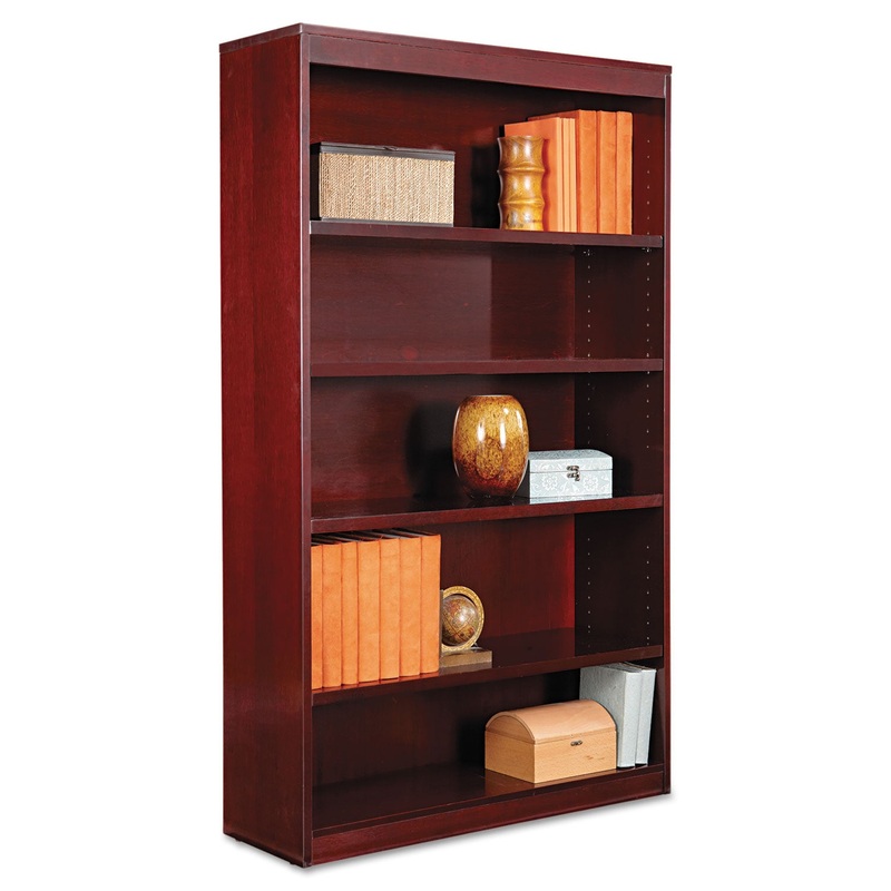SQUARE CORNER WOOD VENEER BOOKCASE, FIVE-SHELF, 35.63″W X 11.81″D X 60″H, MAHOGANY