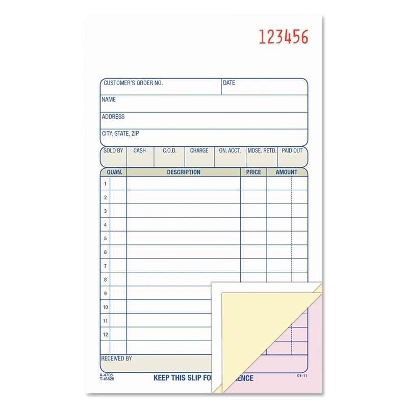 Carbonless Sales Order Book, Three-Part Carbonless, 4-3/16 X 7 3/16, 50 Sheets
