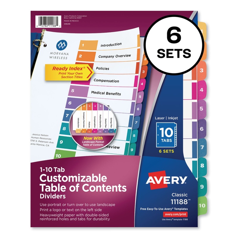 CUSTOMIZABLE TOC READY INDEX MULTICOLOR DIVIDERS, 10-TAB, LETTER, 6 SETS