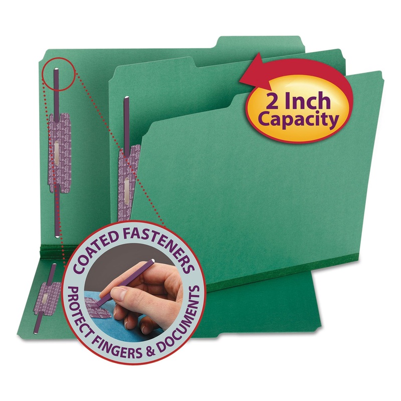 COLORED PRESSBOARD FOLDERS WITH TWO SAFESHIELD COATED FASTENERS, 1/3-CUT TABS, LETTER SIZE, GREEN, 25/BOX