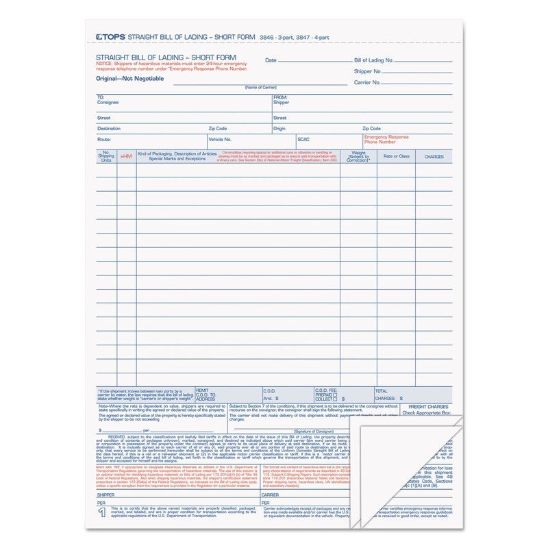 Bill Of Lading,16-Line, 8-1/2 X 11, Three-Part Carbonless, 50 Forms