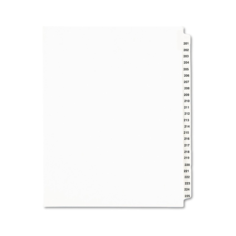 PREPRINTED LEGAL EXHIBIT SIDE TAB INDEX DIVIDERS, AVERY STYLE, 25-TAB, 201 TO 225, 11 X 8.5, WHITE, 1 SET