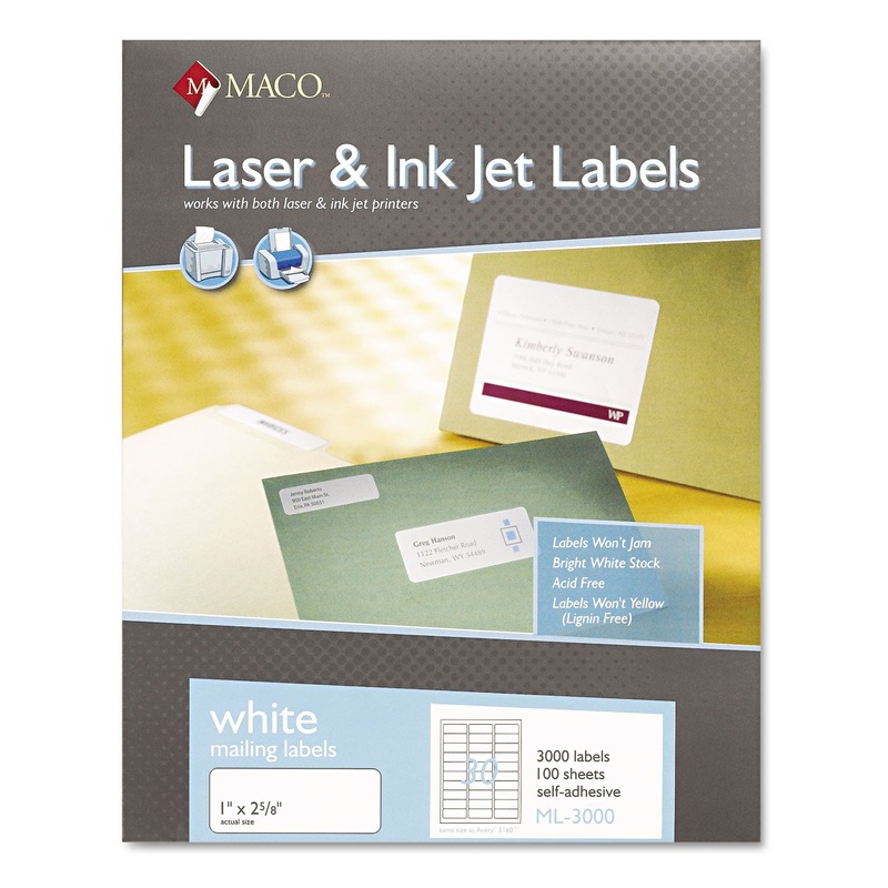 WHITE LASER/INKJET SHIPPING AND ADDRESS LABELS, INKJET/LASER PRINTERS, 1 X 2.63, WHITE, 30/SHEET, 100 SHEETS/BOX