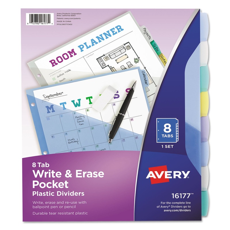 WRITE AND ERASE DURABLE PLASTIC DIVIDERS WITH POCKET, 3-HOLD PUNCHED, 8-TAB, 11.13 X 9.25, ASSORTED, 1 SET