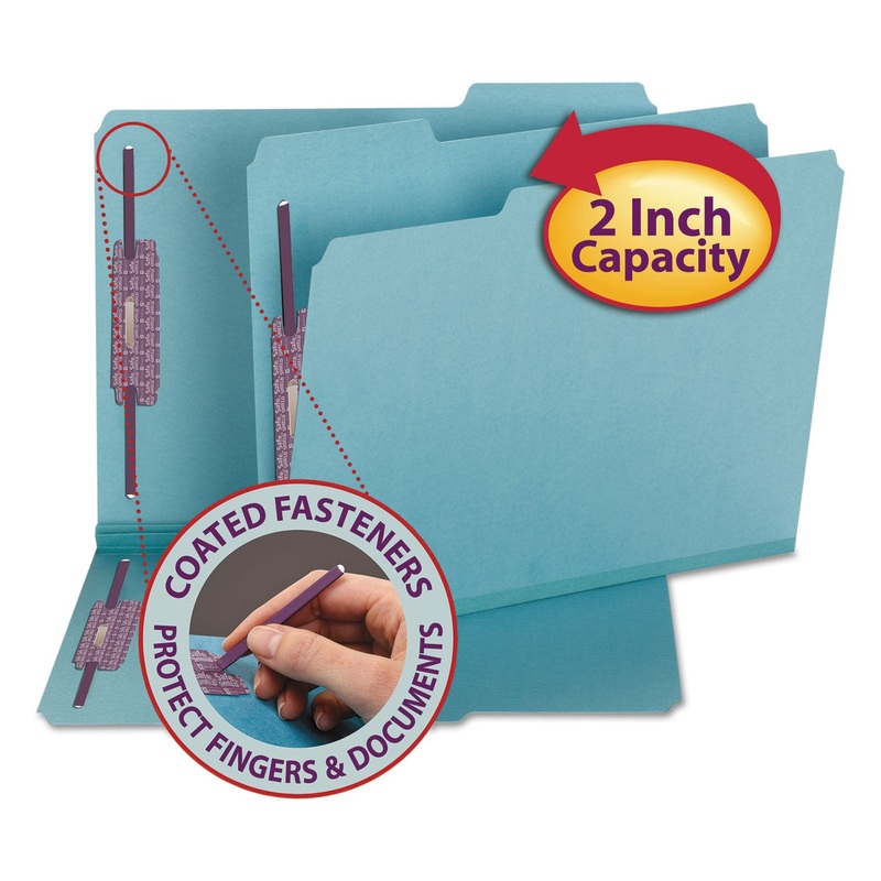 COLORED PRESSBOARD FOLDERS WITH TWO SAFESHIELD COATED FASTENERS, 1/3-CUT TABS, LETTER SIZE, BLUE, 25/BOX