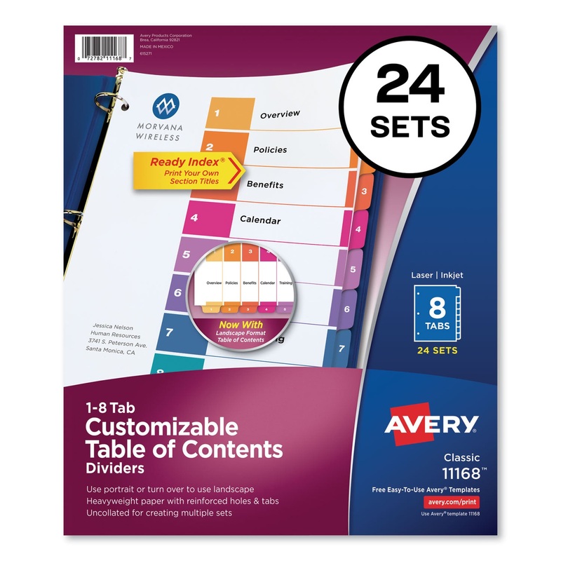 CUSTOMIZABLE TOC READY INDEX MULTICOLOR DIVIDERS, 8-TAB, LETTER, 24 SETS
