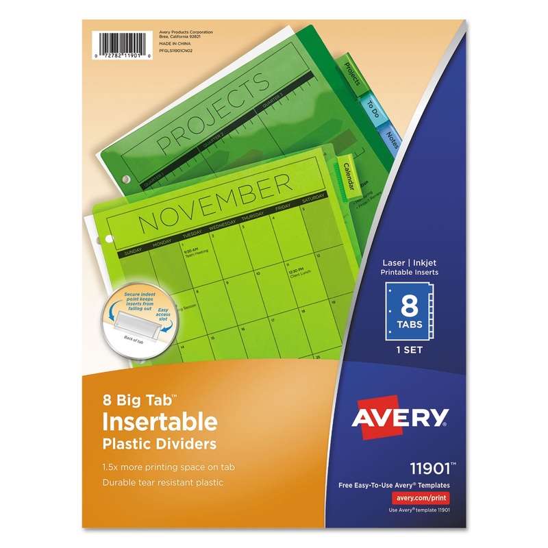 INSERTABLE BIG TAB PLASTIC DIVIDERS, 8-TAB, 11 X 8.5, ASSORTED, 1 SET