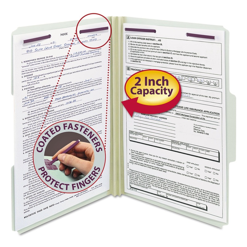 RECYCLED PRESSBOARD FOLDERS WITH TWO SAFESHIELD COATED FASTENERS, 1/3-CUT TABS, 2″ EXPANSION, LEGAL SIZE, GRAY-GREEN, 25/BOX