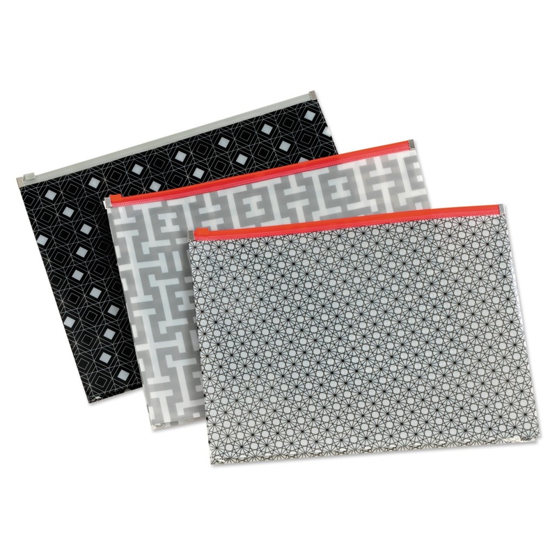 FASHION POLY ZIP ENVELOPE, ZIPPER CLOSURE, 8.5 X 11, ASSORTED, 3/PACK