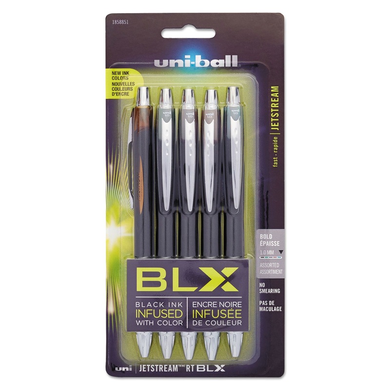 JETSTREAM RT BLX RETRACTABLE ROLLER BALL PEN, 1MM, ASSORTED INK, BLACK BARREL, 5/PACK