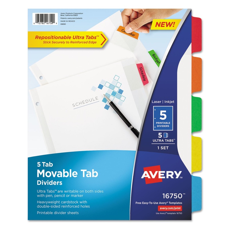 MOVABLE TAB DIVIDERS WITH COLOR TABS, 5-TAB, 11 X 8.5, WHITE, 1 SET
