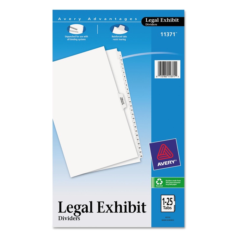 PREPRINTED LEGAL EXHIBIT SIDE TAB INDEX DIVIDERS, AVERY STYLE, 26-TAB, 1 TO 25, 14 X 8.5, WHITE, 1 SET