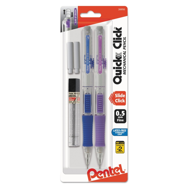 QUICK CLICK MECHANICAL PENCIL, 0.5 MM, HB (#2.5), BLACK LEAD, ASSORTED BARREL COLORS, 2/PACK