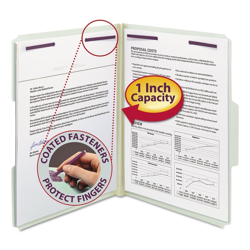 RECYCLED PRESSBOARD FOLDERS WITH TWO SAFESHIELD COATED FASTENERS, 1/3-CUT TABS, 1″ EXPANSION, LETTER SIZE, GRAY-GREEN, 25/BOX