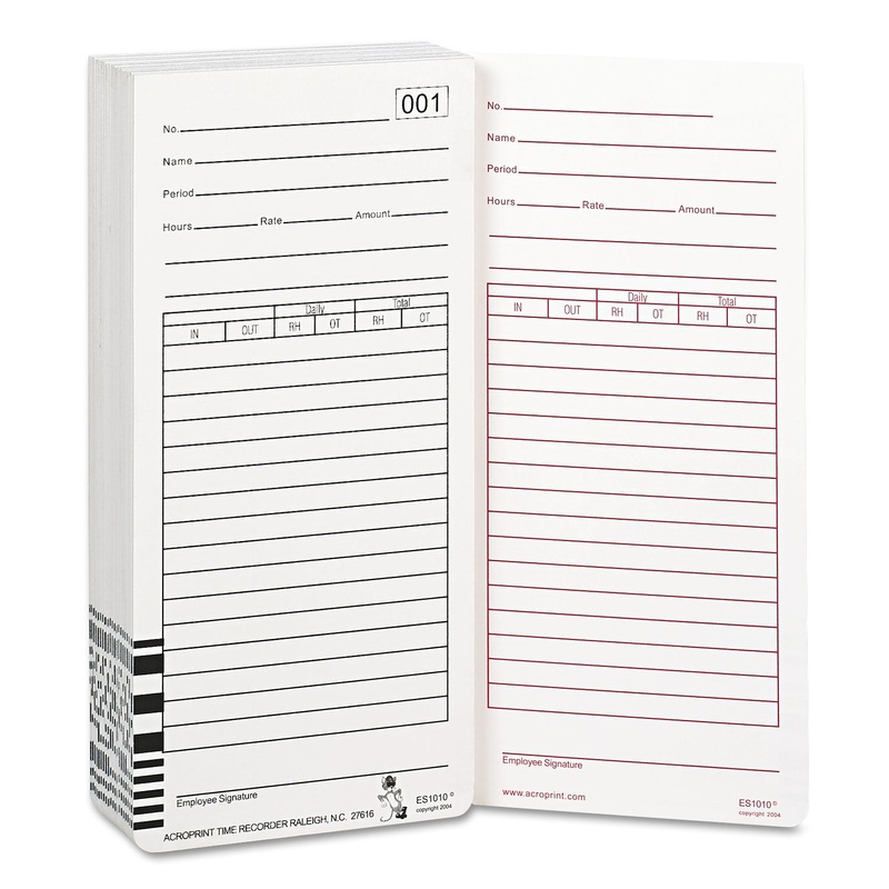 Time Card For Es1000 Electronic Totalizing Payroll Recorder, 100/pack