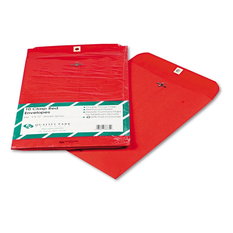 CLASP ENVELOPE, #90, CHEESE BLADE FLAP, CLASP/GUMMED CLOSURE, 9 X 12, RED, 10/PACK