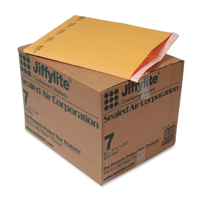 JIFFYLITE SELF-SEAL BUBBLE MAILER, #7, BARRIER BUBBLE LINING, SELF-ADHESIVE CLOSURE, 14.25 X 20, GOLDEN KRAFT, 50/CARTON