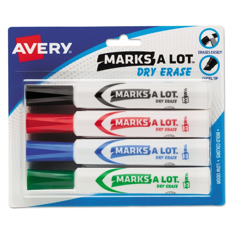 MARKS A LOT DESK-STYLE DRY ERASE MARKER, BROAD CHISEL TIP, ASSORTED COLORS, 4/SET