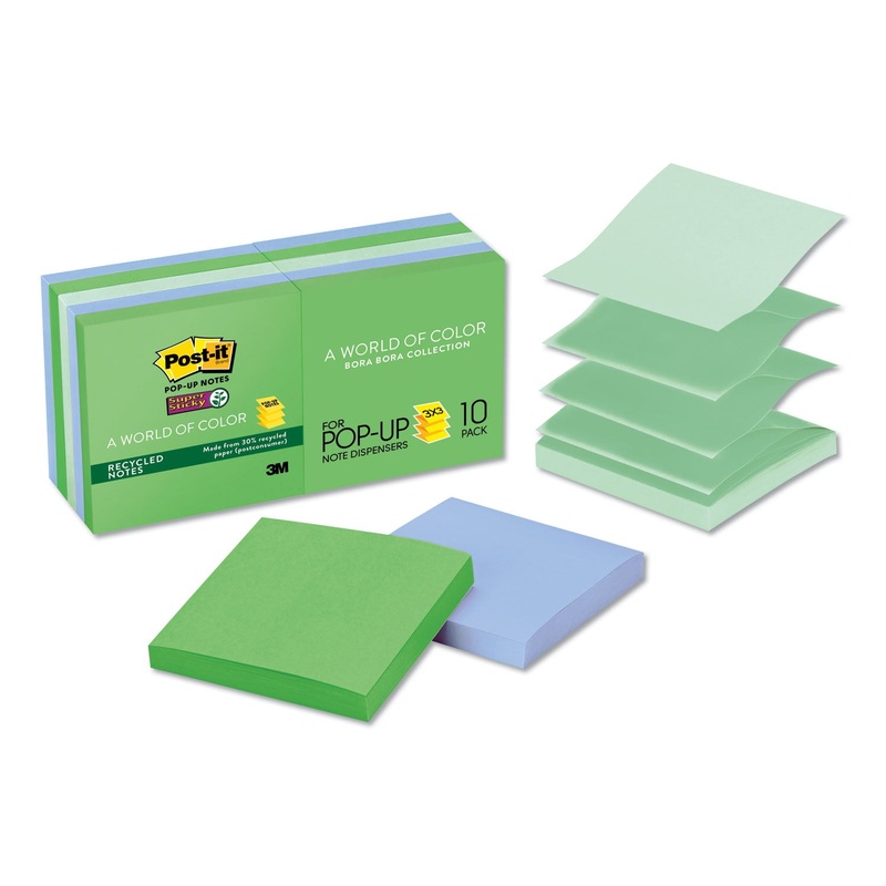 Pop-Up Recycled Notes In Bora Bora Colors, 3 X 3, 90-Sheet, 10/pack