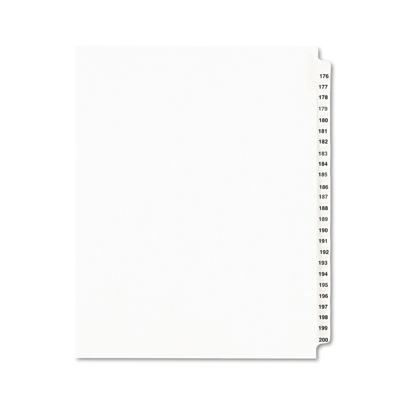 PREPRINTED LEGAL EXHIBIT SIDE TAB INDEX DIVIDERS, AVERY STYLE, 25-TAB, 176 TO 200, 11 X 8.5, WHITE, 1 SET