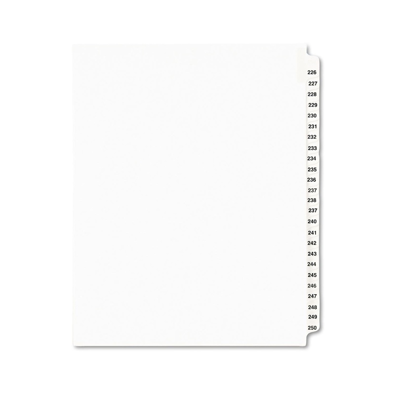 PREPRINTED LEGAL EXHIBIT SIDE TAB INDEX DIVIDERS, AVERY STYLE, 25-TAB, 226 TO 250, 11 X 8.5, WHITE, 1 SET