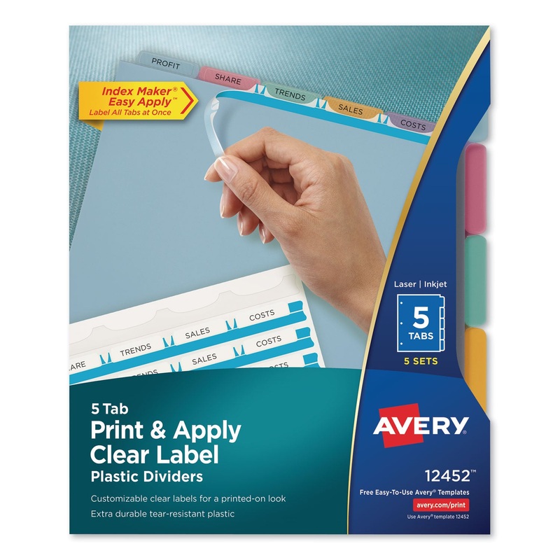 PRINT AND APPLY INDEX MAKER CLEAR LABEL PLASTIC DIVIDERS WITH PRINTABLE LABEL STRIP, 5-TAB, 11 X 8.5, TRANSLUCENT, 5 SETS