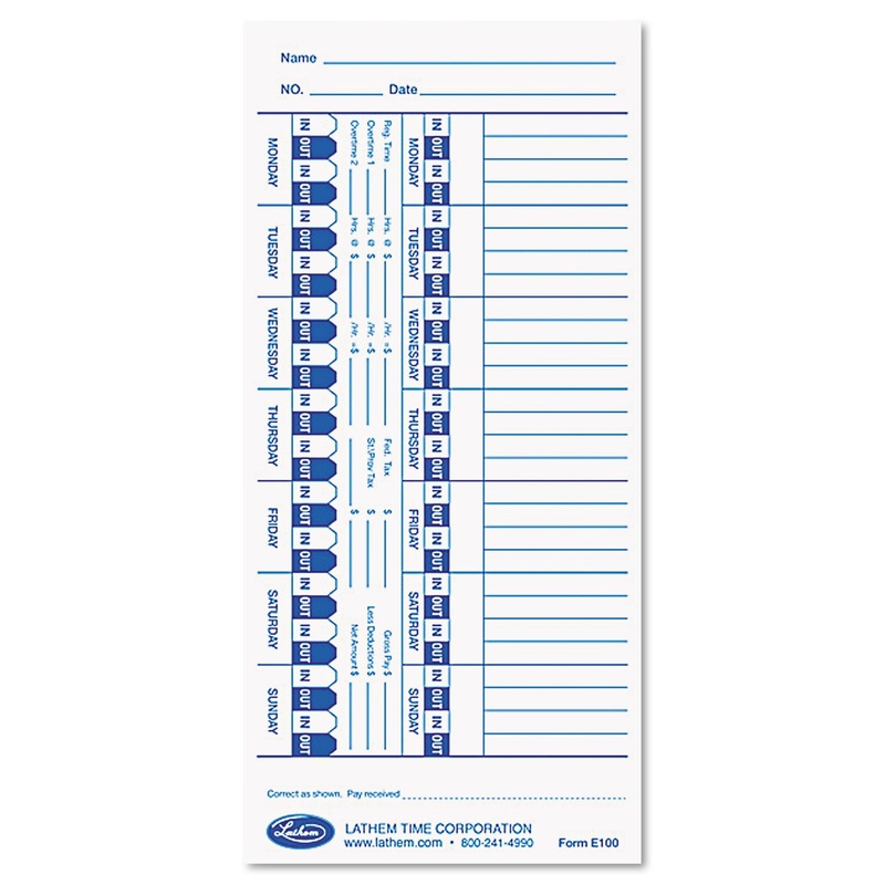 Time Card For Lathem Models 900e/1000e/1500e/5000e, White, 100/pack