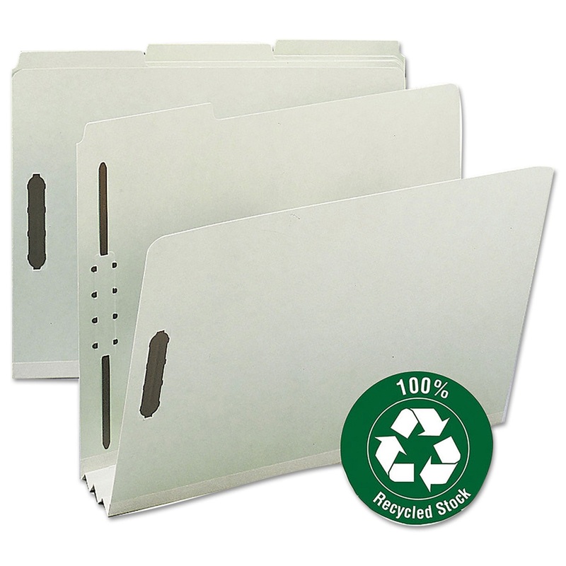 100% RECYCLED PRESSBOARD FASTENER FOLDERS, LETTER SIZE, GRAY-GREEN, 25/BOX