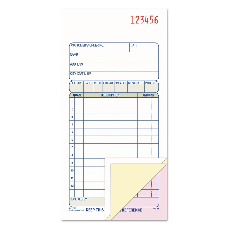Carbonless Sales Order Book, Three-Part Carbonless, 3 1/4 X 7 1/8, 50 Sheets