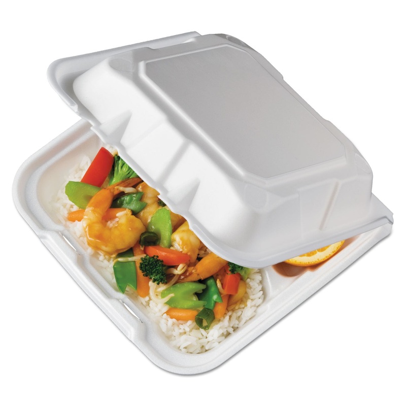 FOAM HINGED LID CONTAINERS, WHITE, 8.44 X 8.13 X 3, 3-COMPARTMENT, 150/CARTON