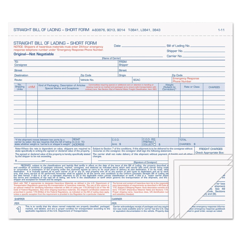 Hazardous Material Short Form, 8 1/2 X 7, Four-Part Carbonless, 50 Forms