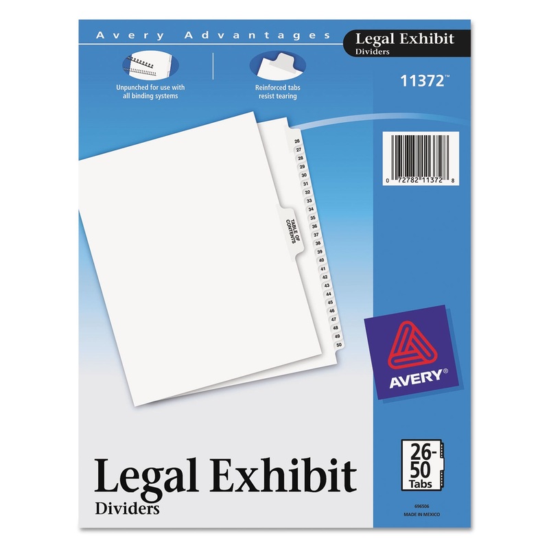 PREPRINTED LEGAL EXHIBIT SIDE TAB INDEX DIVIDERS, AVERY STYLE, 26-TAB, 26 TO 50, 11 X 8.5, WHITE, 1 SET
