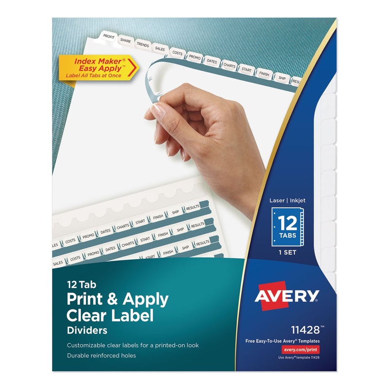 PRINT AND APPLY INDEX MAKER CLEAR LABEL DIVIDERS, 12 WHITE TABS, LETTER