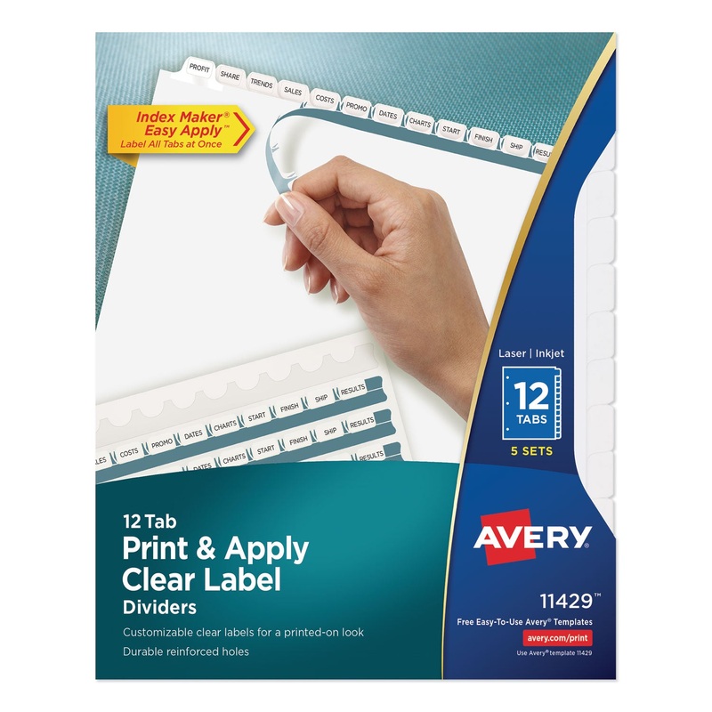 PRINT AND APPLY INDEX MAKER CLEAR LABEL DIVIDERS, 12 WHITE TABS, LETTER, 5 SETS