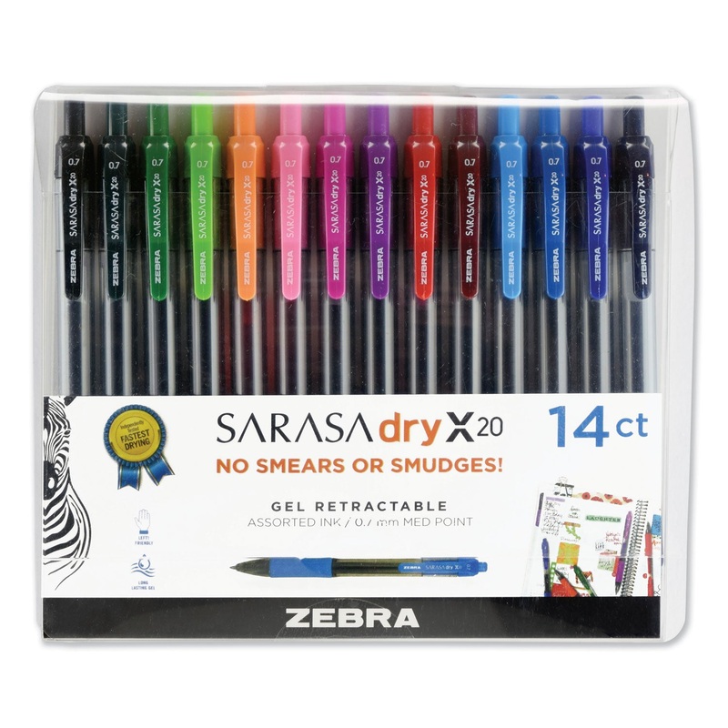 SARASA DRY GEL X20 RETRACTABLE GEL PEN, MEDIUM 0.7MM, ASSORTED INK/BARREL, 14/PACK