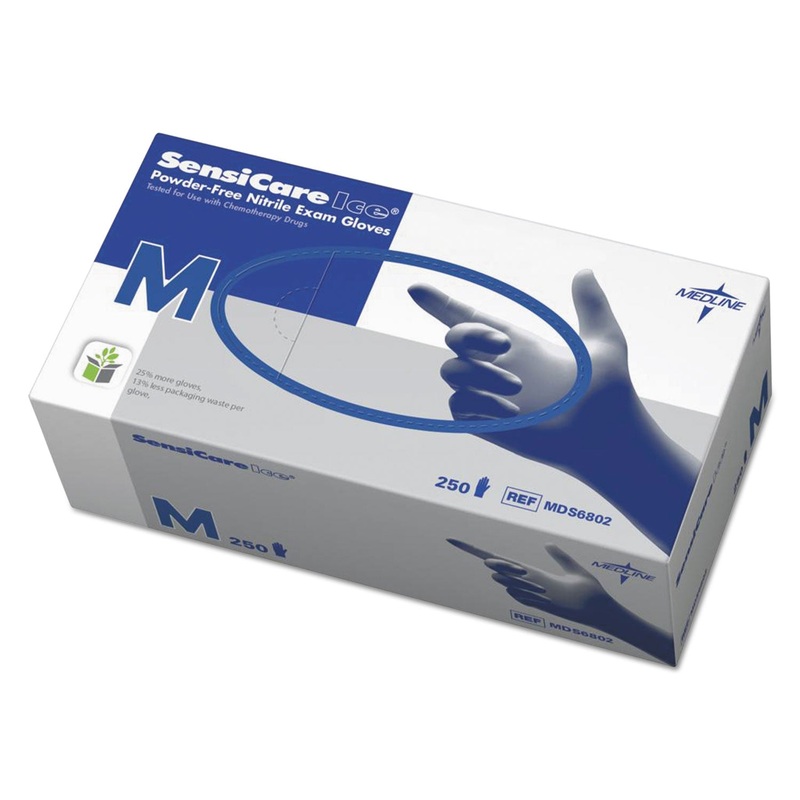 Sensicare Ice Nitrile Exam Gloves, Powder-Free, Medium, Blue, 250/box