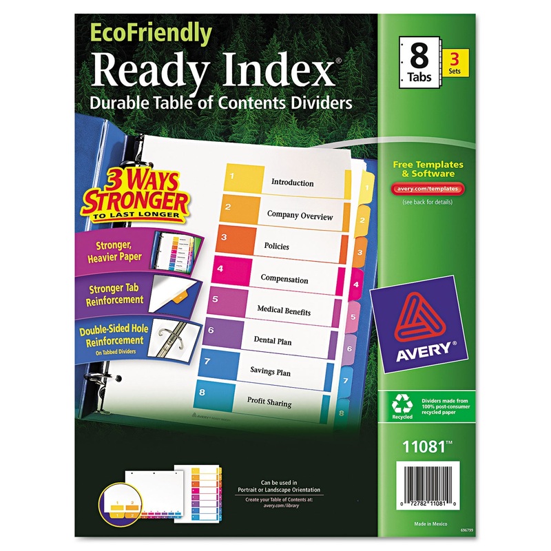 CUSTOMIZABLE TABLE OF CONTENTS READY INDEX DIVIDERS WITH MULTICOLOR TABS, 8-TAB, 1 TO 8, 11 X 8.5, WHITE, 3 SETS