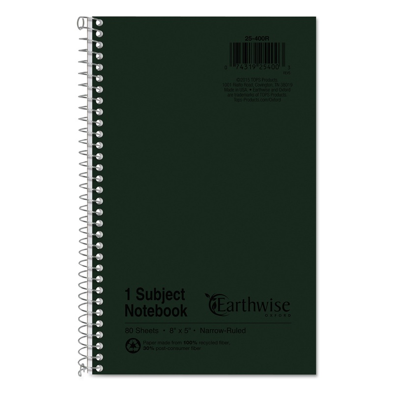 EARTHWISE BY 100% RECYCLED ONE-SUBJECT NOTEBOOK, 1 SUBJECT, NARROW RULE, GREEN COVER, 8 X 5, 80 SHEETS