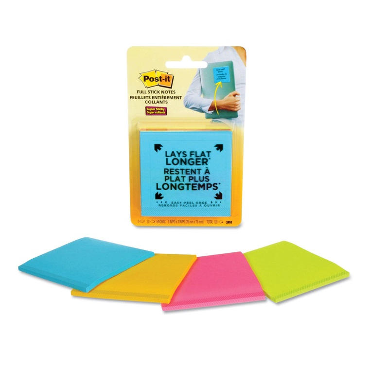 FULL STICK NOTES, 3 X 3, ASSORTED RIO DE JANEIRO COLORS, 25 SHEETS/PAD, 4/PACK