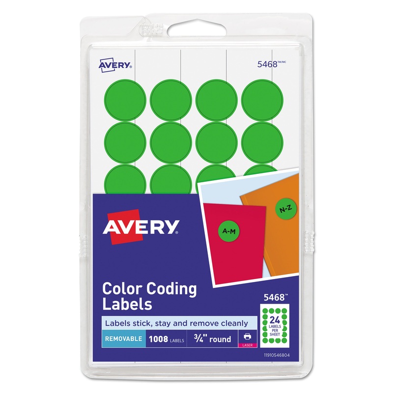 PRINTABLE SELF-ADHESIVE REMOVABLE COLOR-CODING LABELS, 0.75″ DIA., GREEN, 24/SHEET, 42 SHEETS/PACK