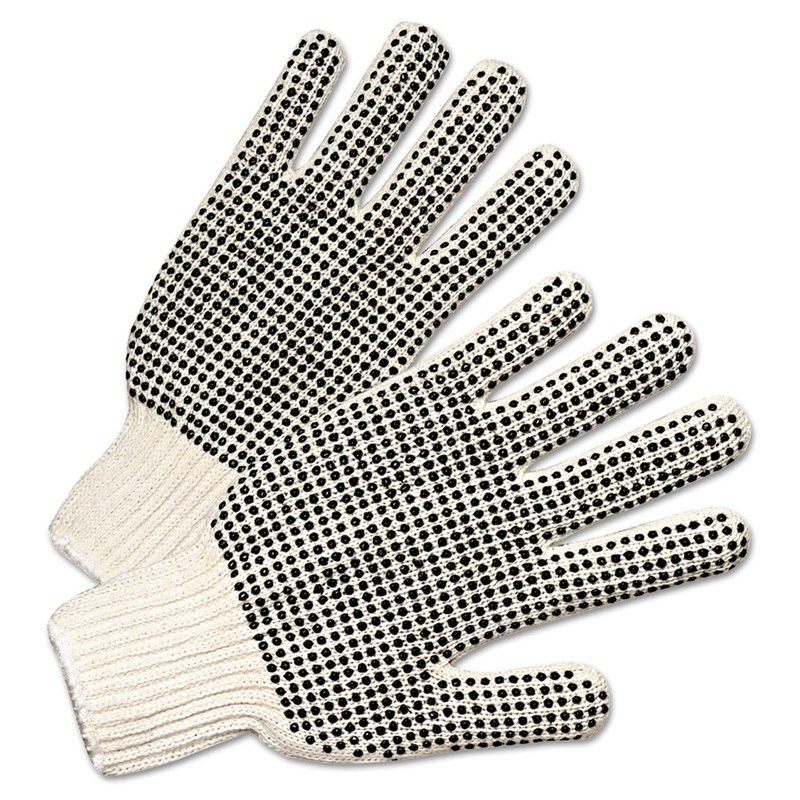 PVC-DOTTED STRING KNIT GLOVES, NATURAL WHITE/BLACK, LARGE, 12 PAIRS