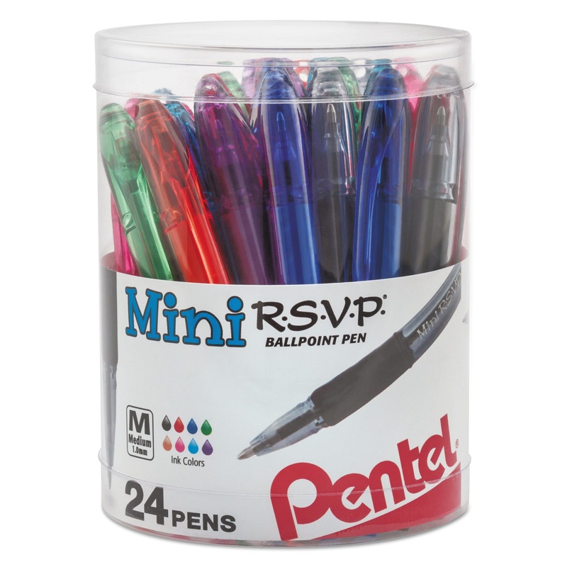 R.S.V.P. MINI STICK BALLPOINT PEN, MEDIUM 1MM, ASSORTED INK/BARREL, 24/PACK