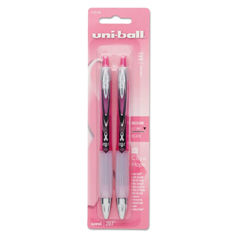 SIGNO 207 RETRACTABLE GEL PEN, MEDIUM 0.7MM, BLACK INK, PINK BARREL, 2/PACK