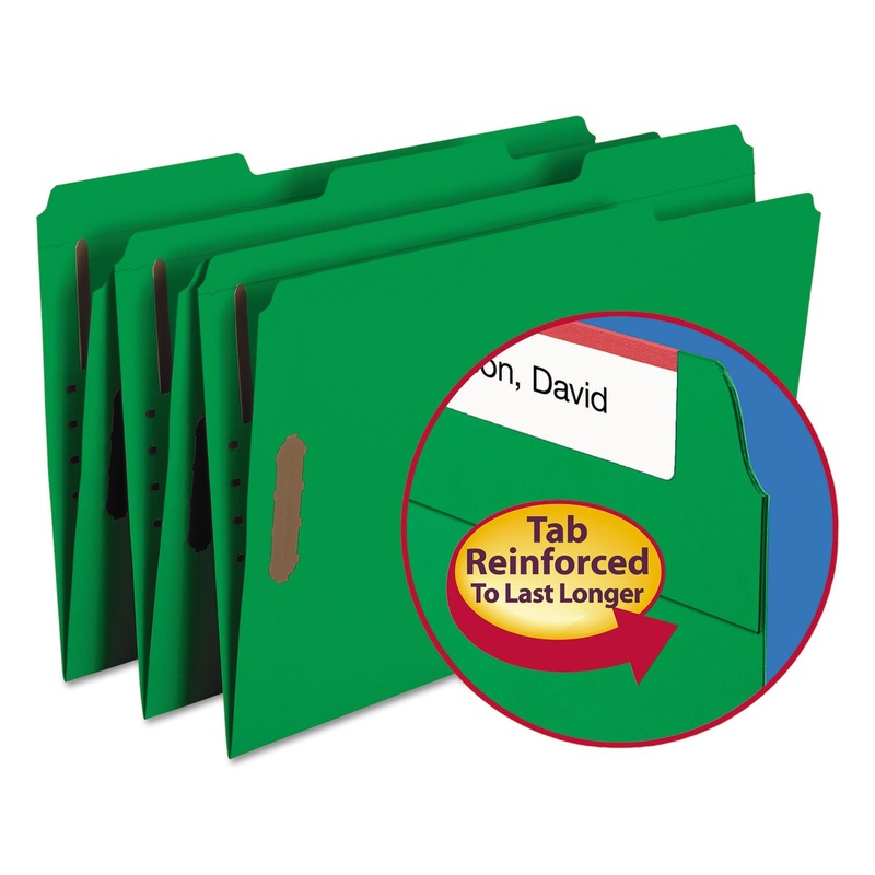 TOP TAB COLORED 2-FASTENER FOLDERS, 1/3-CUT TABS, LEGAL SIZE, GREEN, 50/BOX