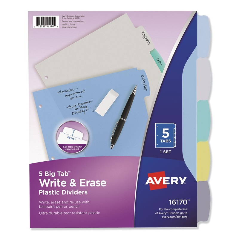 WRITE AND ERASE BIG TAB DURABLE PLASTIC DIVIDERS, 3-HOLD PUNCHED, 5-TAB, 11 X 8.5, ASSORTED, 1 SET