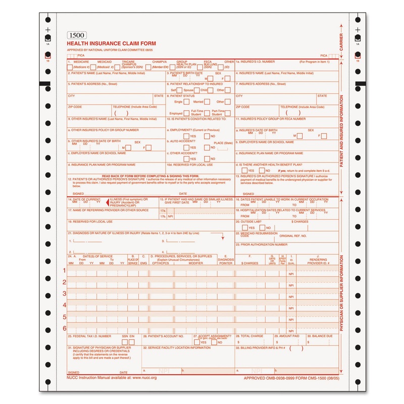 CENTERS FOR MEDICARE AND MEDICAID SERVICES CLAIM FORMS, CMS1500/HCFA1500, TWO-PART, 1500 FORMS/CARTON