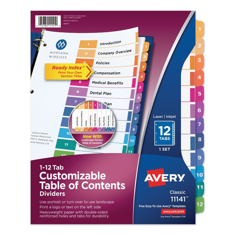 CUSTOMIZABLE TOC READY INDEX MULTICOLOR DIVIDERS, 12-TAB, LETTER