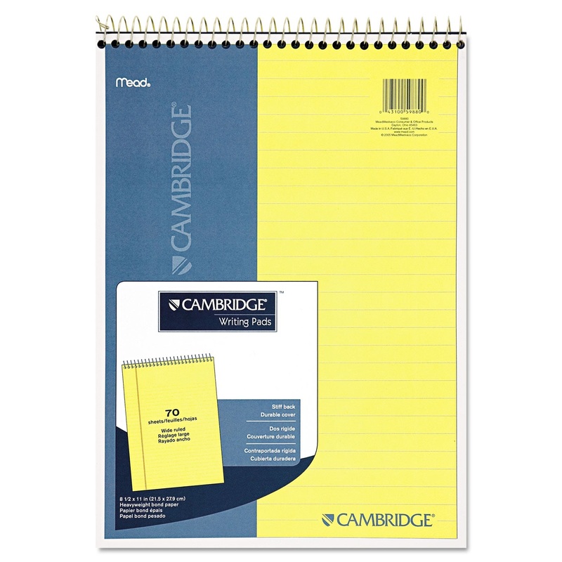 STIFF-BACK WIRE BOUND NOTEBOOK, 1 SUBJECT, WIDE/LEGAL RULE, CANARY/BLUE COVER, 8.5 X 11.5, 70 SHEETS